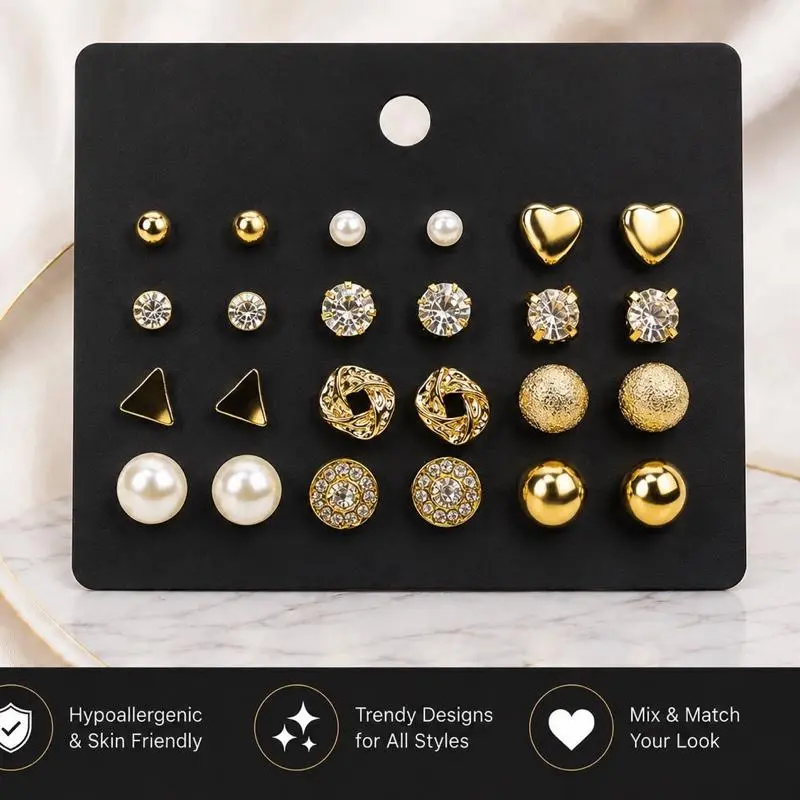 Women's Fashion 12-Pair Stud Earrings Set, Fashionable Jewelry Accessories Bundle Set for Daily Wear & Special Occasions, Seamlessly Transitions From Office to Party