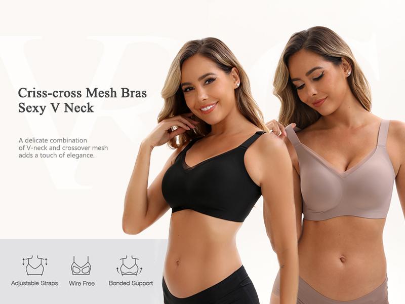 VRCOMFY  Jelly Wireless Womens Bra No Underwire Seamless Wireless Bra with Soft Support V Neck Mesh Bras Lace Bralette Everyday Bra