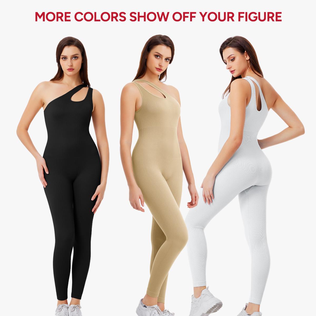 Nebility Women's Workout Seamless Yoga Ribbed Bodycon Jumpsuit Cut Out Asymmetric One Piece Leg Lengthening Tank Top Leggings Romper Stylish Activewear Stretchable All Season Solid Color Sports Jumpsuit