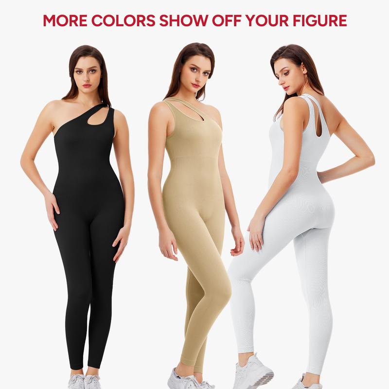 Nebility Women's Workout Seamless Yoga Ribbed Bodycon Jumpsuit Cut Out Asymmetric One Piece Leg Lengthening Tank Top Leggings Romper Stylish Activewear Stretchable All Season Solid Color Sports Jumpsuit