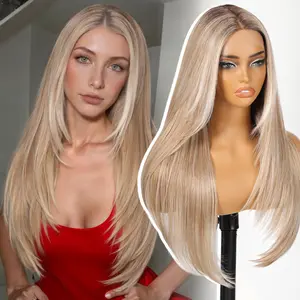 KOME Dirty Blonde Synthetic Lace Front Wig,T Part Pre Cut Glueless Long Straight Layered Wigs for Women Cosplay Daily Use 26IN