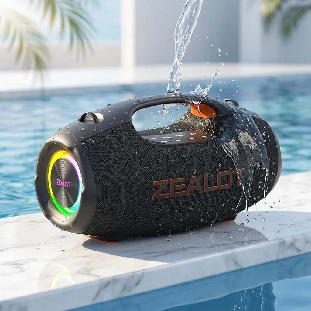 ZEALOT Portable Speakers, Portable Bluetooth Speaker for Outdoor Party, Rechargeable Waterproof, IPX6 Wireless Subwoofer, 60W HD Stereo Deep Bass, RGB Lights, 8000mAh 10H Play, Bluetooth 5.4, Handle & Strap for Home Gym Camping Beach Pool Gift