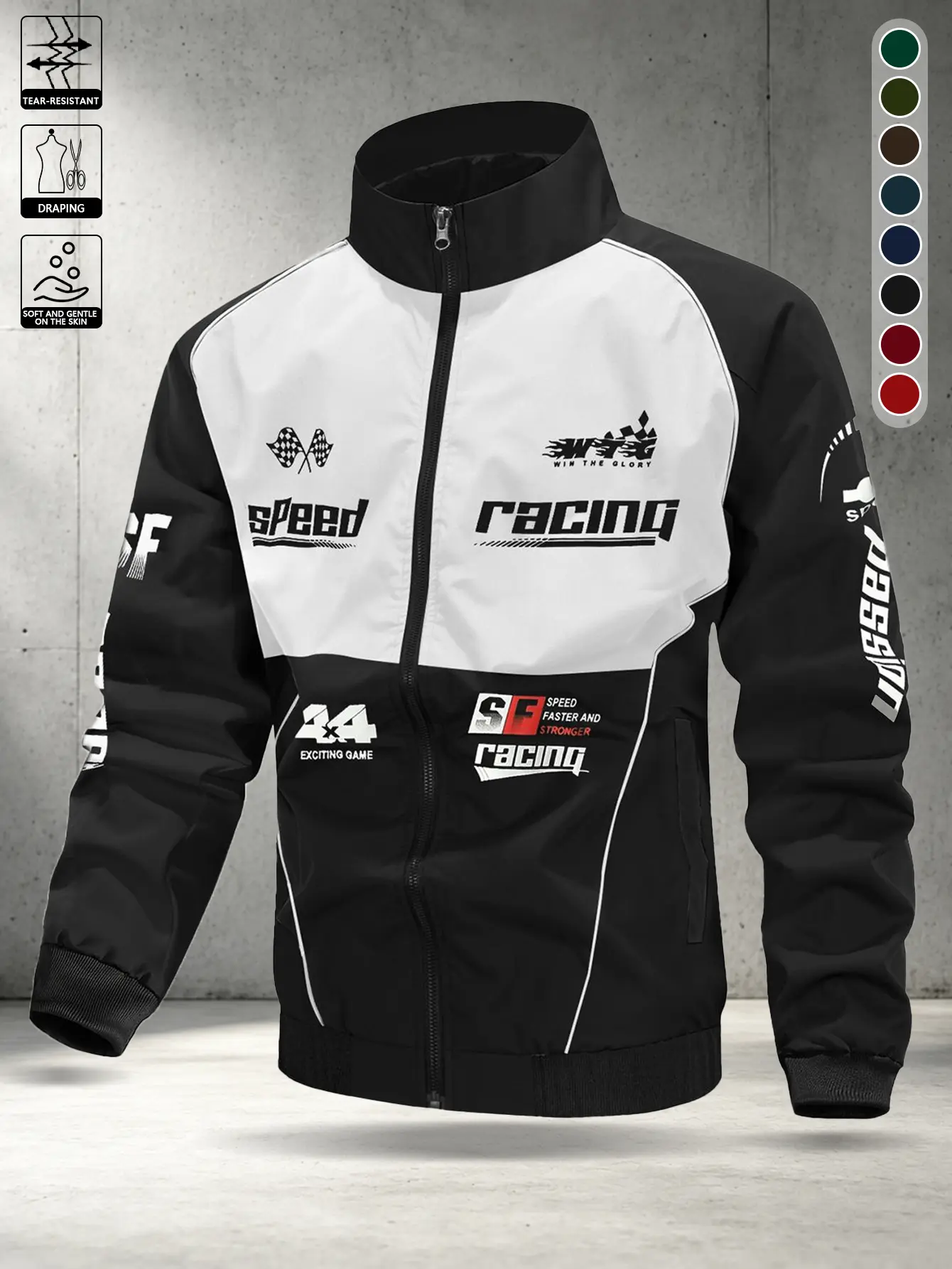 Men’s vintage racing jacket, lightweight windproof jacket, zip-up streetwear jacket featuring refined racing element prints and elastic cuffs, suitable for casual wear.