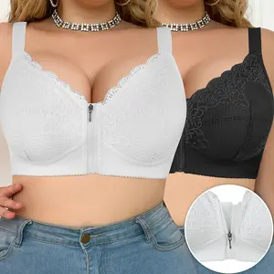 Mimilemon 2PCS Plus Size  Women's Full Coverage Lace  Front zip Bra Easy On And Off Large Breasts Appear Smaller Breastfeeding Period Pressure-relieving Wide Shoulder Straps   Everyday Bra Easy To Wear  Womenswear bra  for  big