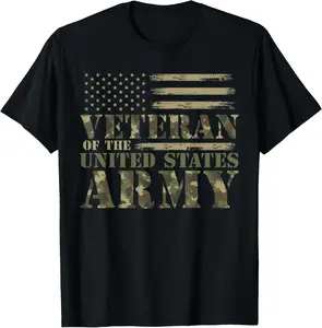 100% Cotton Veteran Of The United States Army Camouflage US Flag Veteran T-Shirt