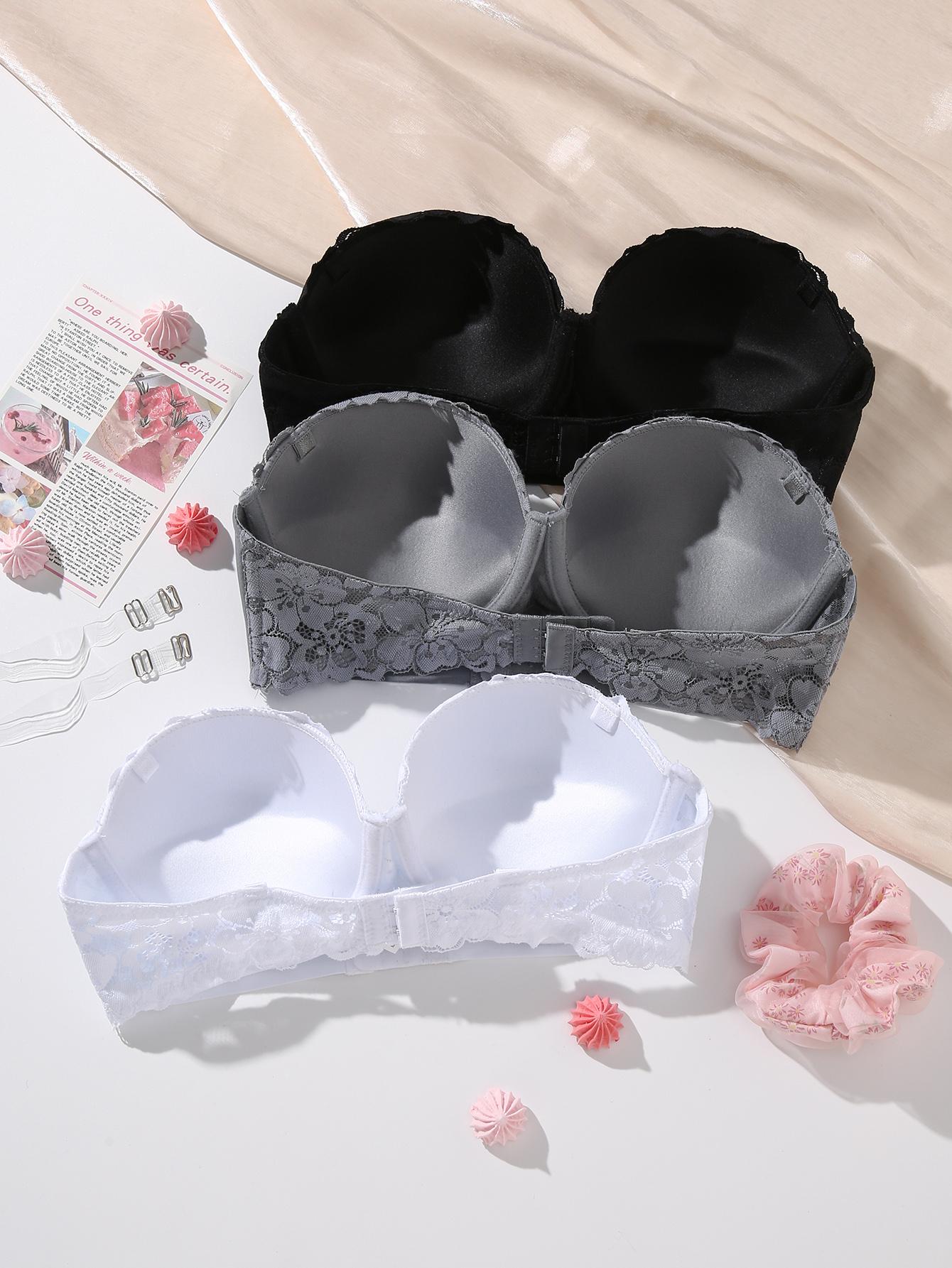 Women's 3 Strapless Bras Half Cup Lace Underwire Bra with Pull Up Front Buckle Up Top Invisible Bra Comfortable Sexy Bra Cover Polyamide Material Elegance Everyday Black+White+Grey elegant Womenswear