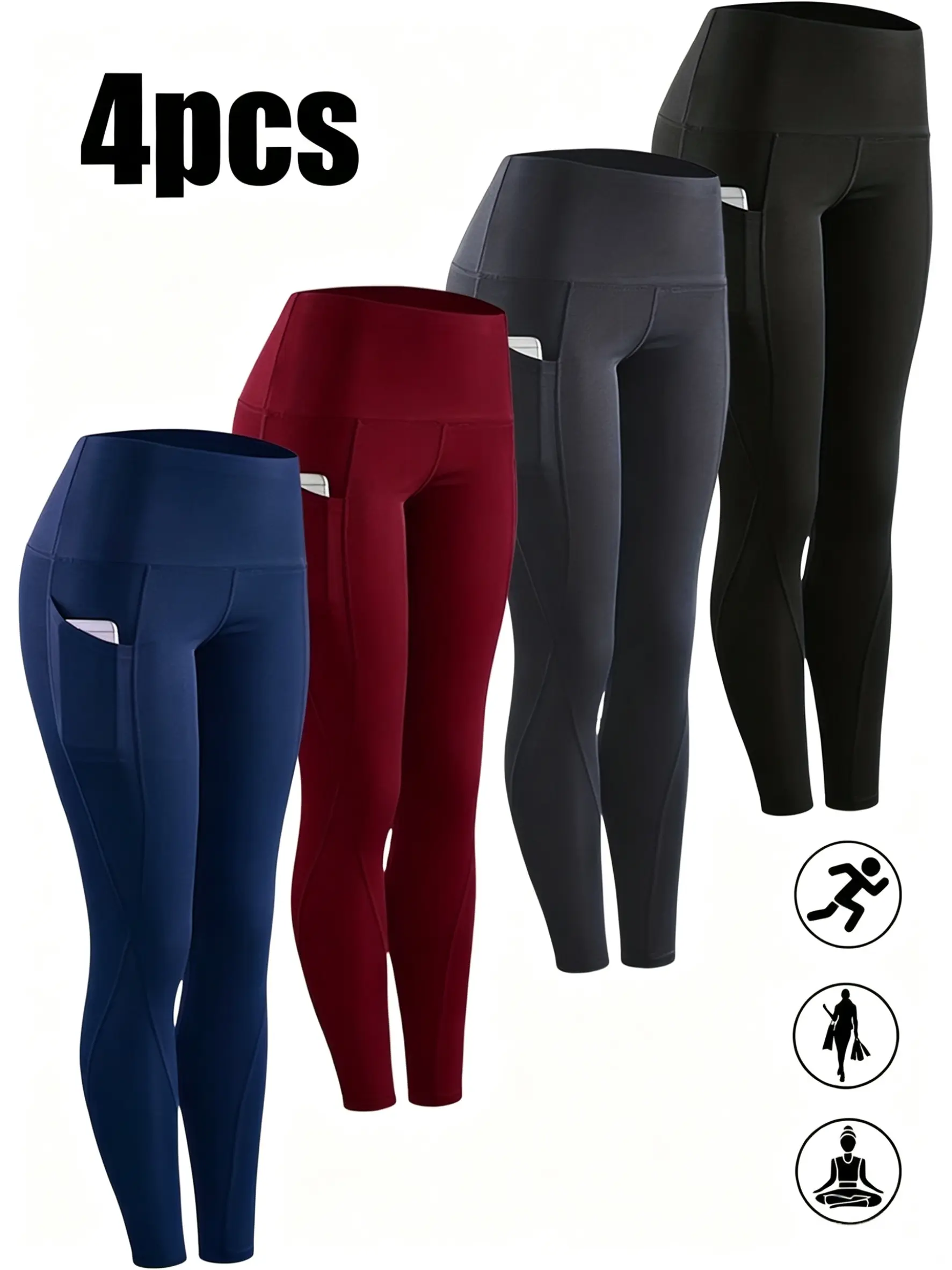 Women's Yoga Leggings 4-Pack, High-Waisted Super Soft Synthetic Fabric, Breathable Quick-Dry Fitness Wear for Daily Use, Sporty Chic, All-Season, Athleisure Wear, Elastic Band