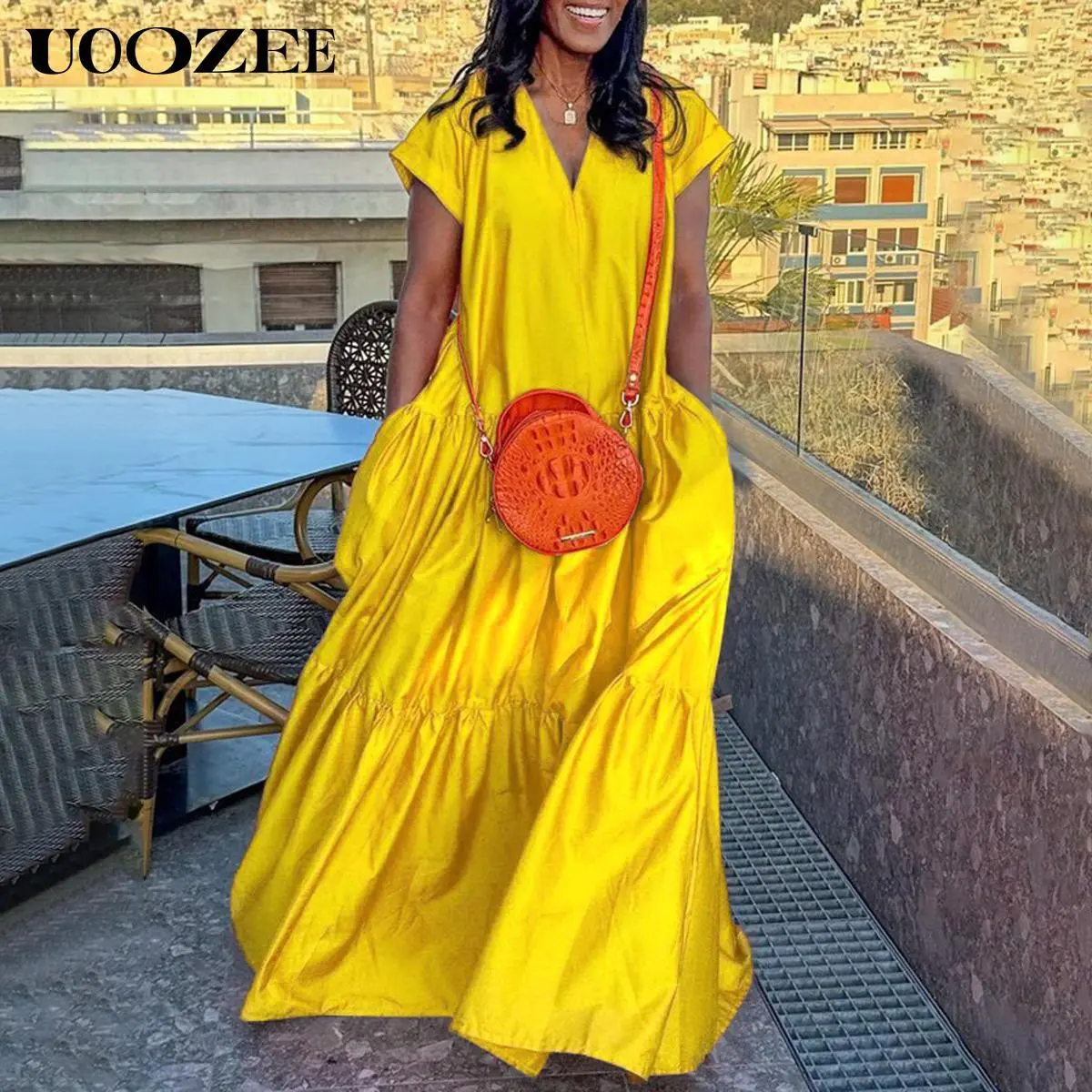 UOOZEE Women's Cotton Blend Short-Sleeve Pleated Pocket Solid Color Slit V-Neck Maxi Dress - Chic, Comfortable, Loose, Minimalist, Machine-Washable Women's Clothes (Runs 1 Size Larger; Order 1 Size Smaller) | Casual Dresses, Clothes, Shortleeve Basic Wear