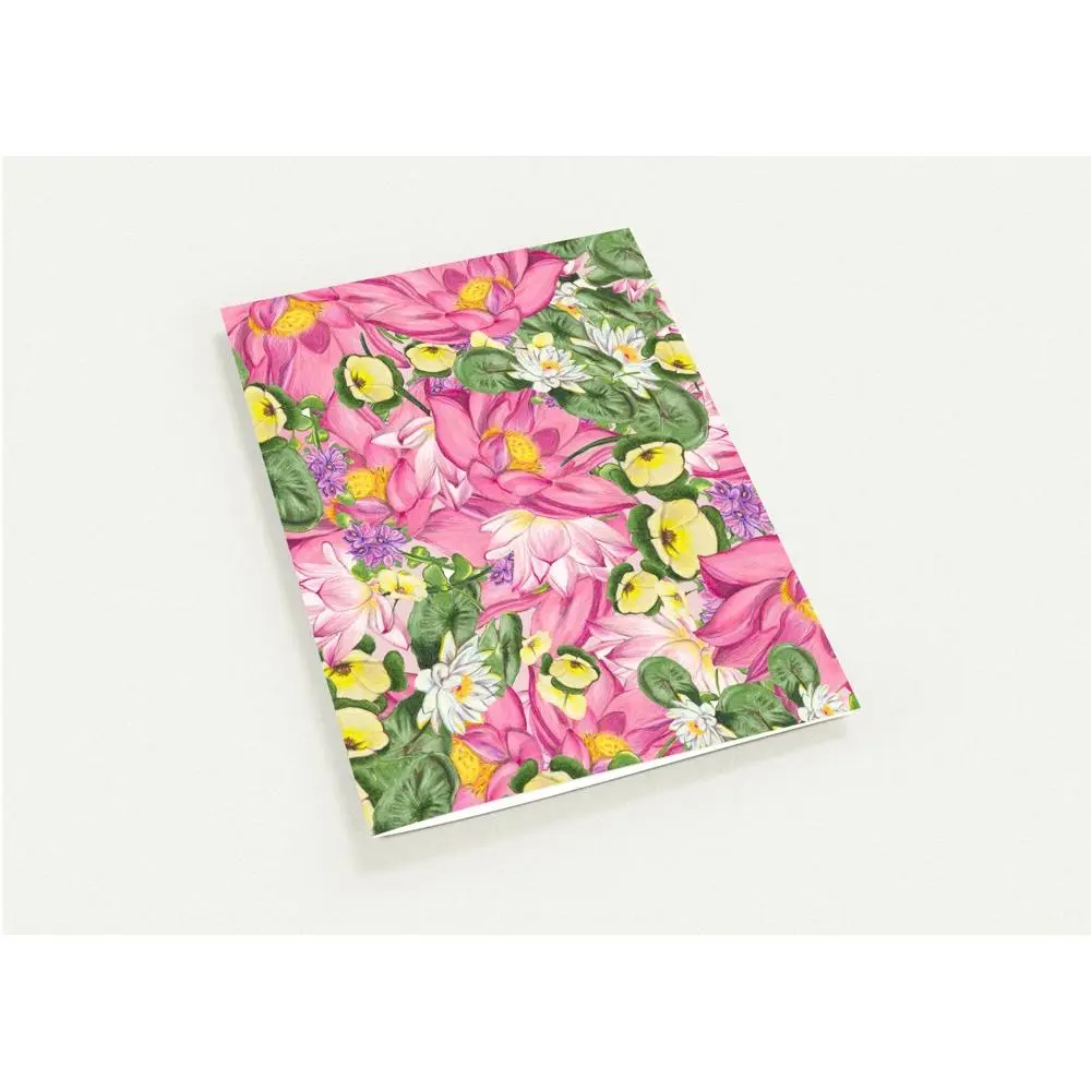 Hand drawn pink lotus blossom greeting cards with a sunny yellow inside, Pack of 10