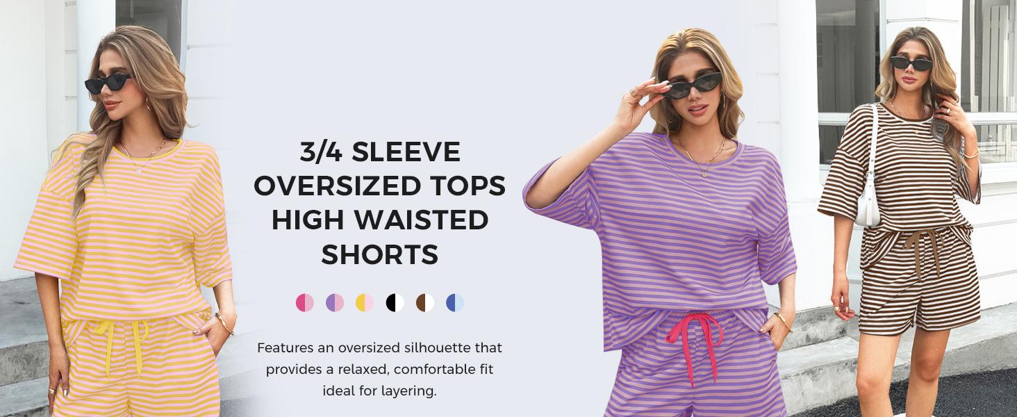 Fisoew Womens Striped Short Sets 2 Piece Outfits Sweatsuits 3/4 Sleeve Pajamas Casual Lounge Sets #TikTokShopHolidayHaul