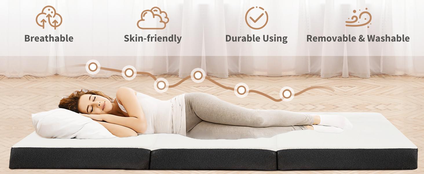 Folding Mattress, Tri-fold Memory Foam Mattress Topper for Camping, Foldable Mattress Topper with Washable Cover, Various Sizes, White