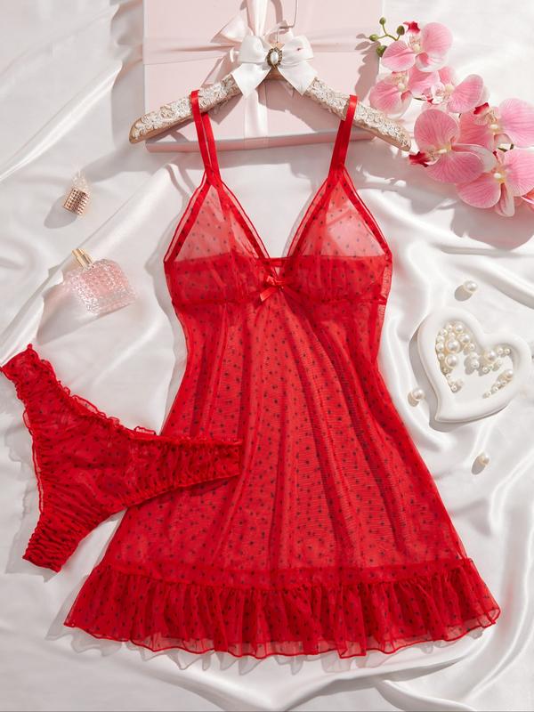 Women's Elegant Polka Dot Sleepwear Set, Lightweight Knit Fabric, Soft Touch, Half-Transparent Effect, Classic Bow, All Seasons