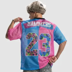 Inflation Streetwear Retro Football Element 260g Heavyweight Oversize Short Sleeve T-Shirt Fashion Tall Slimming V-Neck Mesh Breathable Street Style Casual Top Unisex