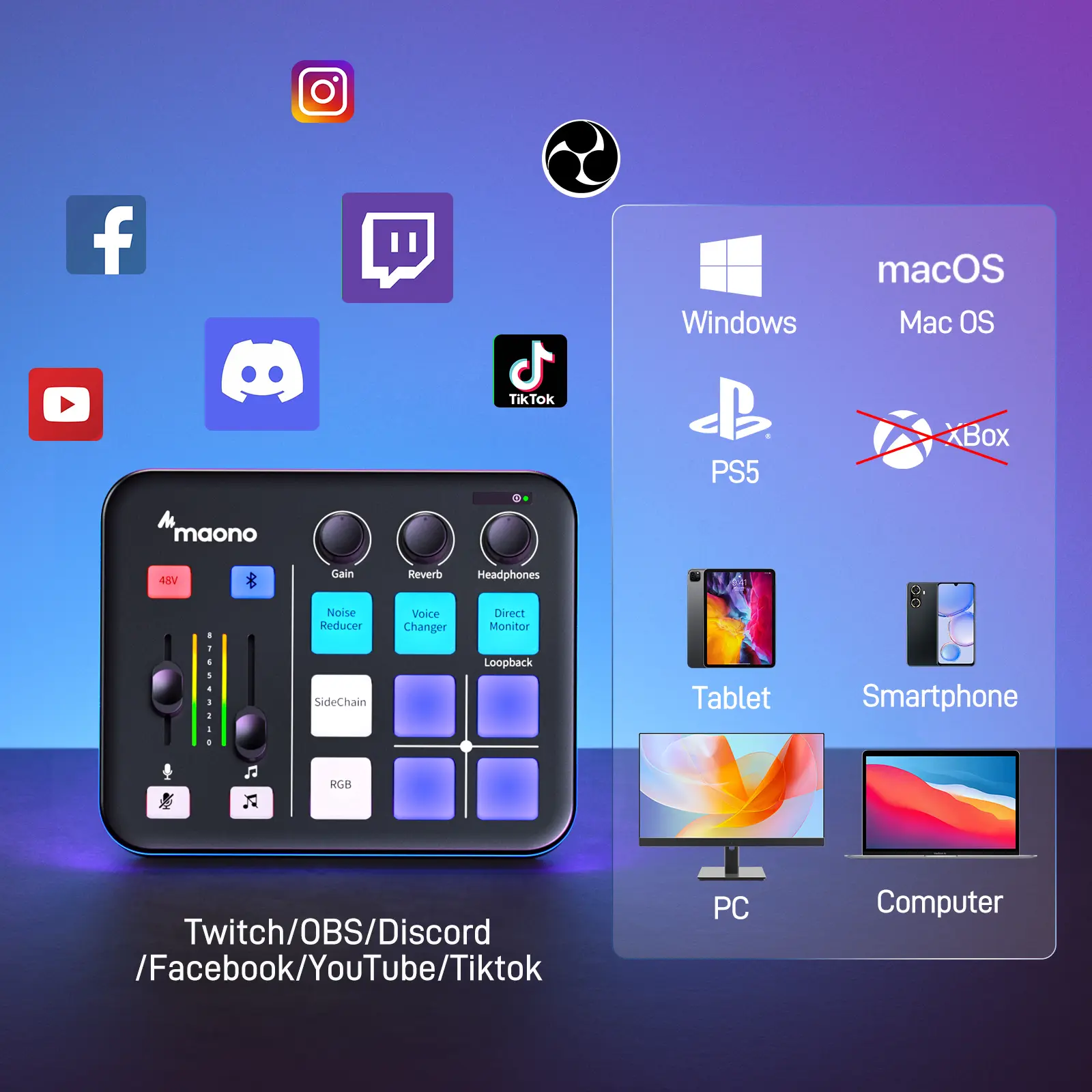 MAONO G1 NEO RGB USB Pro Sound Mixer - 4-Channel Stereo Amplifier with Bluetooth, Noise Reduction, 3.5 mm Jack, Music Recording Equipment, Manufacturer Warranty, Compatible with PC, Smartphone, XLR Microphone, Ideal for Gaming, Podcasting, Audios, Digital