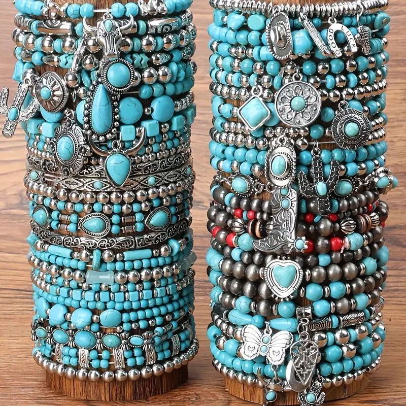 Vintage Bohemian Bracelet Set with Western Elegance, Casual Unisex Beaded Jewelry, Layered 5-24pc Stack Set with Charms for Party, Bracelets, Daily Wear, Beads Charms, Bracelet Stacks, Beaded Bracelet