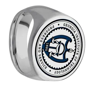 Extra Large Circle signet ring (22mm ) in Titanium, with a Wide style band and a Georgia Tech University Seal engraving.
