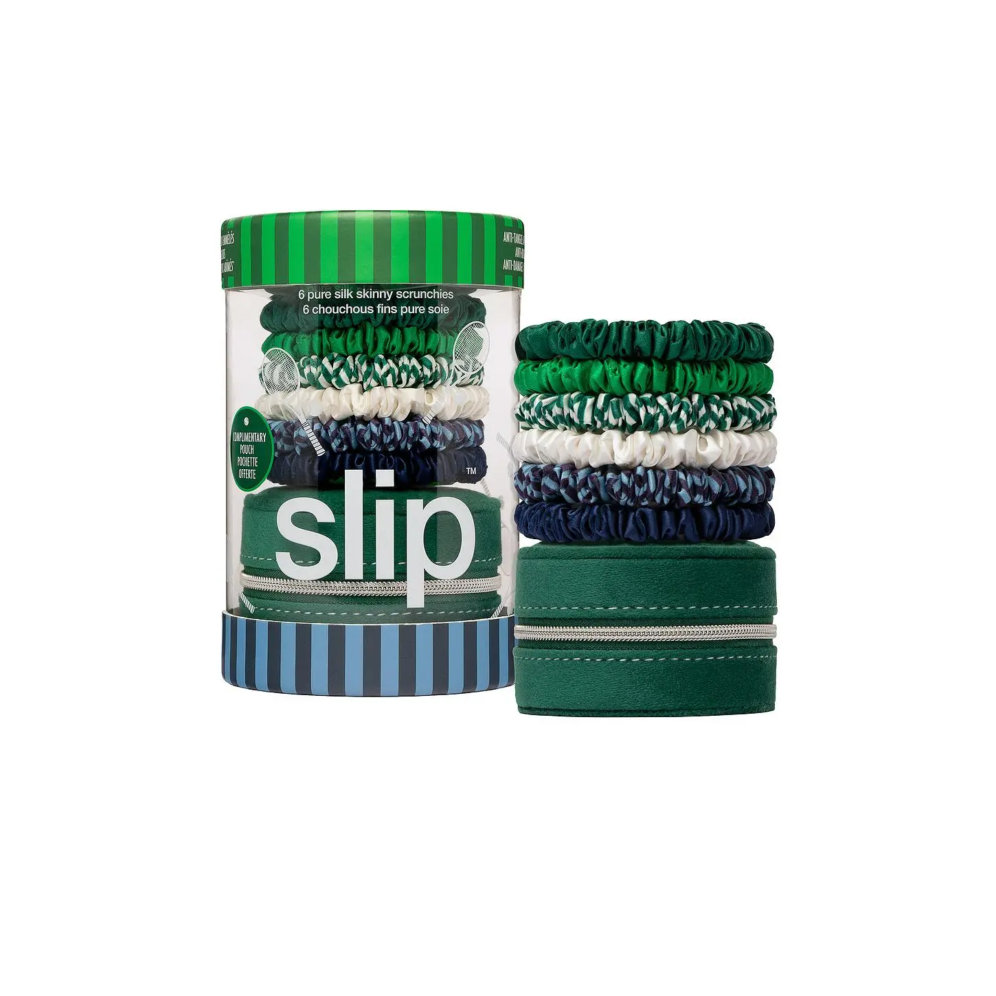 slip Set Of 6 Pure Silk Skinny Scrunchies With a Pouch in Hair On Point