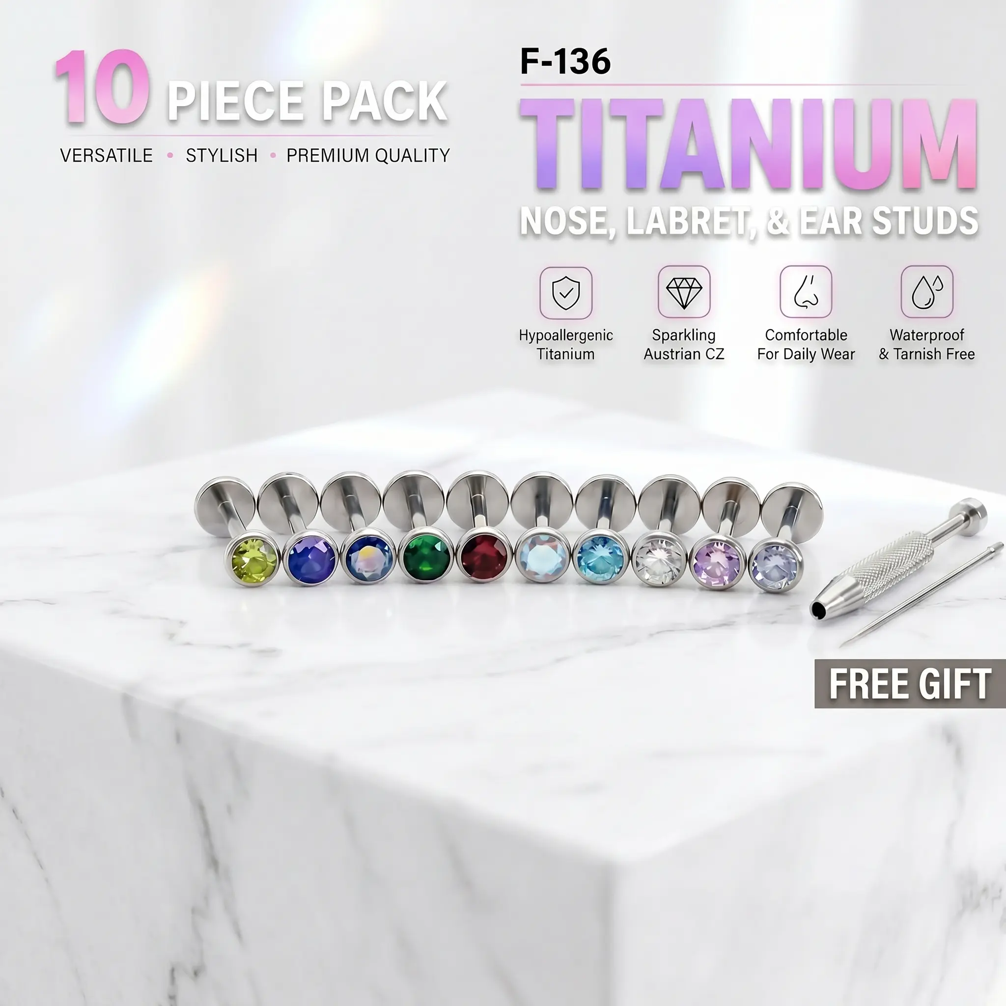 10pcs F136 Titanium Stud & Hoop 5A Zirconia Nose Ring Earring Hypoallergenic Titanium Brighter Than Diamond Bling Unisex Ultra-Light Frame Scratch-Proof Metal Luxe Body Jewelry