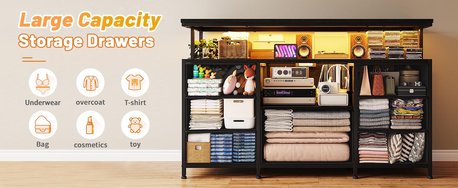 RaybeeFurniture 7 Fabric Drawers Dresser TV Stand,   with LED Lights & power outlets for 55" TV, for Bedroom Entertainment Center,  for Living Room tv stand