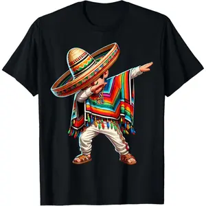 Mexican Boy Dabbing Poncho Cinco de Mayo T-Shirt Pure Cotton Graphic Tees Menswear Top: Gifts for Men & Women