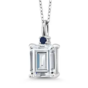 925 Sterling Silver Gemstone Birthstone and Blue Sapphire Pendant Necklace for Women | Emerald Cut 10X8MM and Round 2MM | With 18 Inch Chain | Fine Jewelry for Her Mom Wife