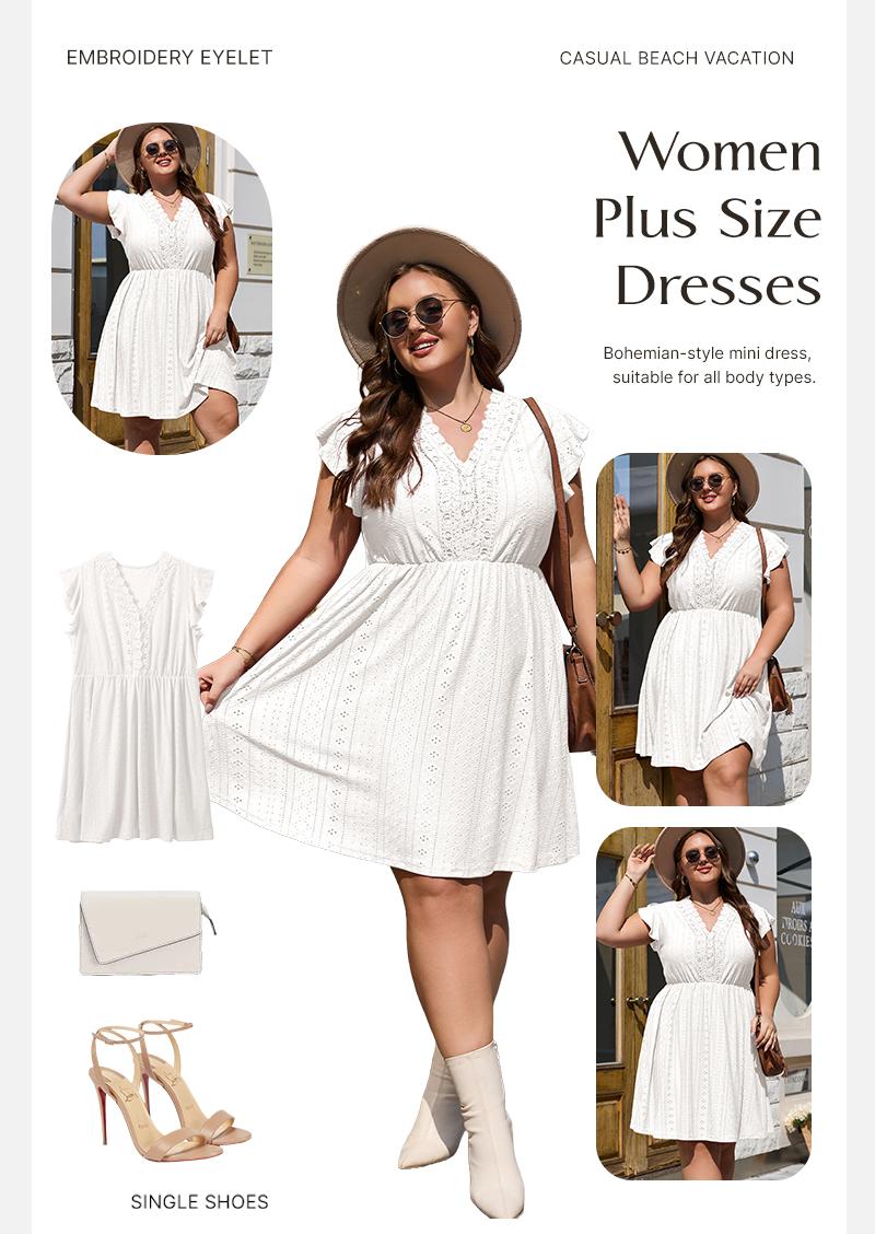 Eytino Plus Size Dresses for Women Summer Ruffle Cap Sleeve Lace V Neck Embroidery Eyelet A Line Dress(1X-5X)