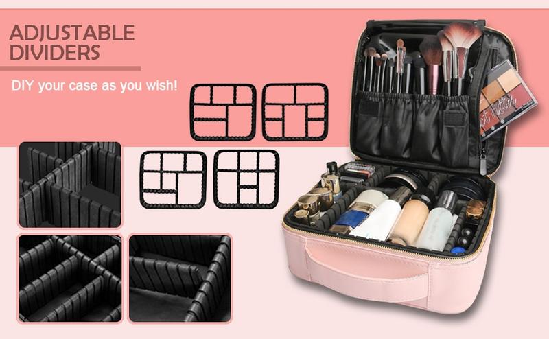 DameDiva Travel Makeup Bag - Premium Oxford Fabric Cosmetic Organizer with Dual Gold Zippers, Adjustable EVA Dividers, Black & Pink, Waterproof & Lightweight