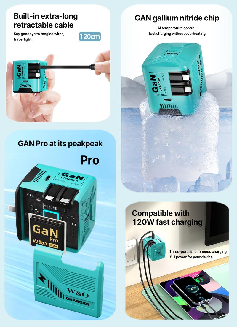 Compatible with 120W | 3-in-1 GaN Fast Charger | Built-in Retractable Lightning & Type-C Cables + 1 Extra USB-C Port | Foldable Compact Plug | Portable Universal Travel Charger for Phone, Tablet