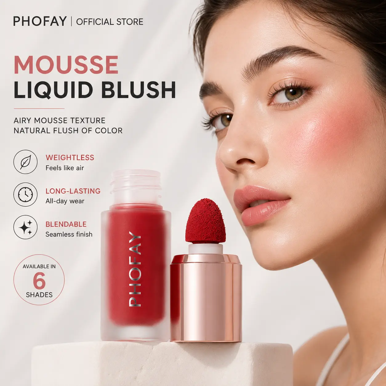 PHOFAY Smooth Moisturizer Treatment with Jumbo Applicator Mousse Liquid Blush for Women-Soft Matte Cheek Tint,Long-Lasting Non-Fading Formula,Lightweight Non-Greasy Creamy Texture,Buildable Natural Flush,Easy-to-Blend,Sponge Applicator Included blusheye