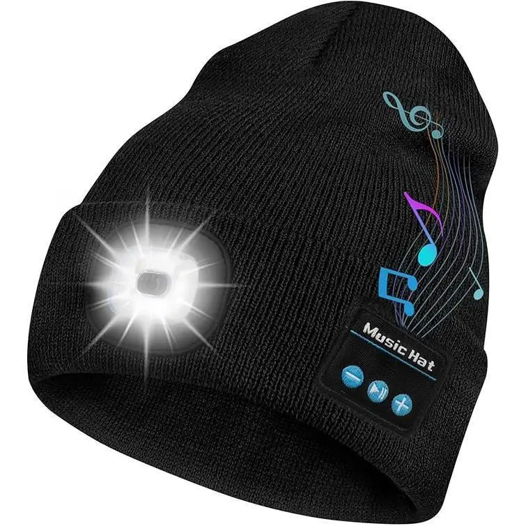 Bluetooth Beanie Hat with Light, Headlamp Cap with Headphones and Built-in Speaker Mic- USB Rechargeable Winter Knitted Cap, Music Hat,Christmas Gift