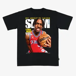 Tyrese Maxey “Catch Me If You Can” Basketball T-Shirt – Black Graphic Tee Featuring SLAM Style Philadelphia Pro Hoops Speed Star Design