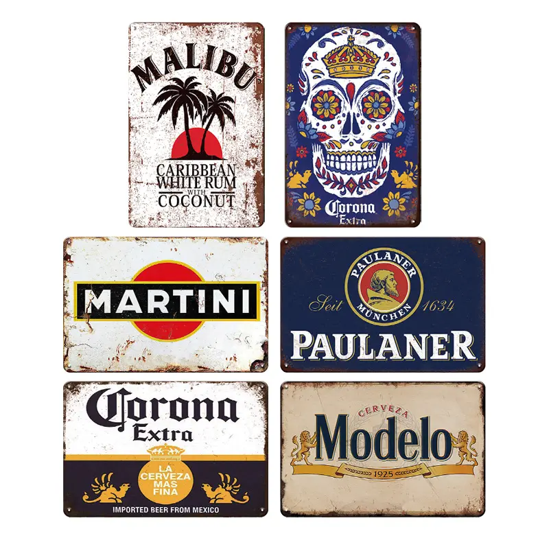 6pcs Retro Distressed Vintage Metal Tin Sign Set - Mancave Wall Art Decor Plaques, Beer Lover Gift, 20x30cm(8x12in), Home Supplies for Decorating Garage & Bar