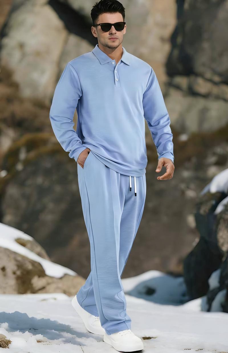 Men's Solid Color Linen Sports Set | Warm and Comfortable Button Top+Elastic Waist Pants Set, Suitable for Winter Casual Style