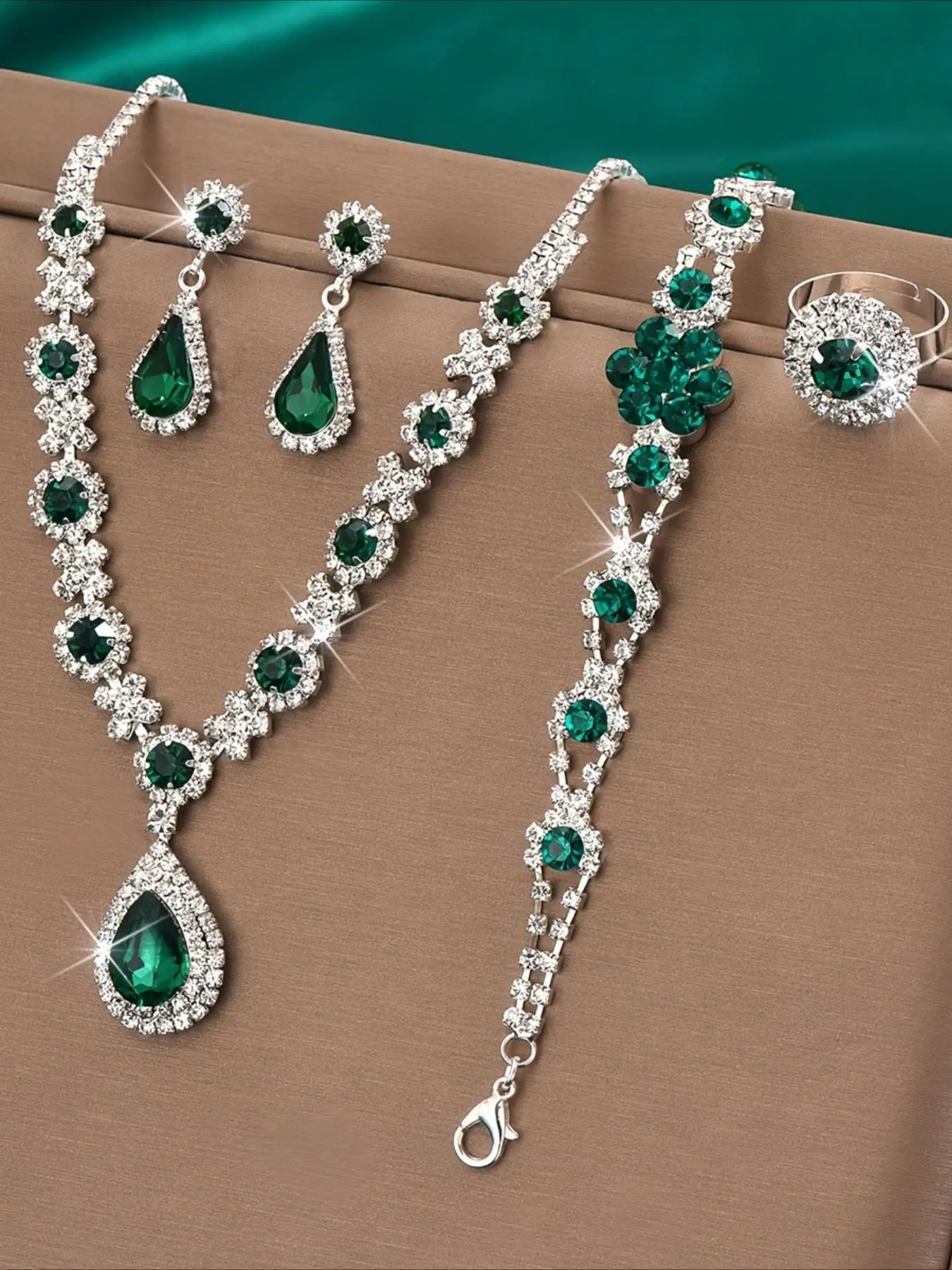 Luxurious 5pcs Gemstone Matching Jewelry Set, Teardrop Necklace, Earrings, Bracelet, Ring, Elegant Wedding & Party Accessory, Valentine's Gift, Jewellery Gift Set