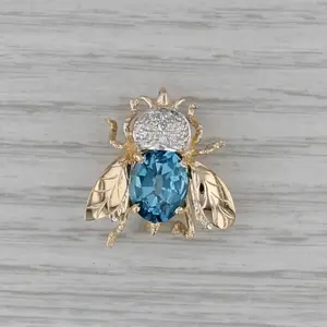 3.50ctw Blue Topaz Diamond Bee Brooch Pendant 14k Yellow Gold Pin