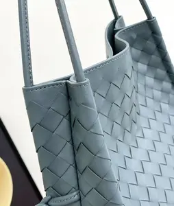 Hand-Woven Leather Tote Bag | Oversized Shoulder tote Bag | Espresso Brown & Slate Blue