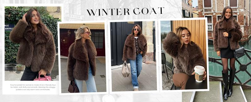 Faux Fur Jacket for Women Lapel Cropped Furry Coat 2026 Spring Fluffy Faux Fur Jacket Long Sleeve Winter Open Front Shaggy Parka Outerwear Casual Womenswear with Side Pockets-Cocktail Elegant Festival