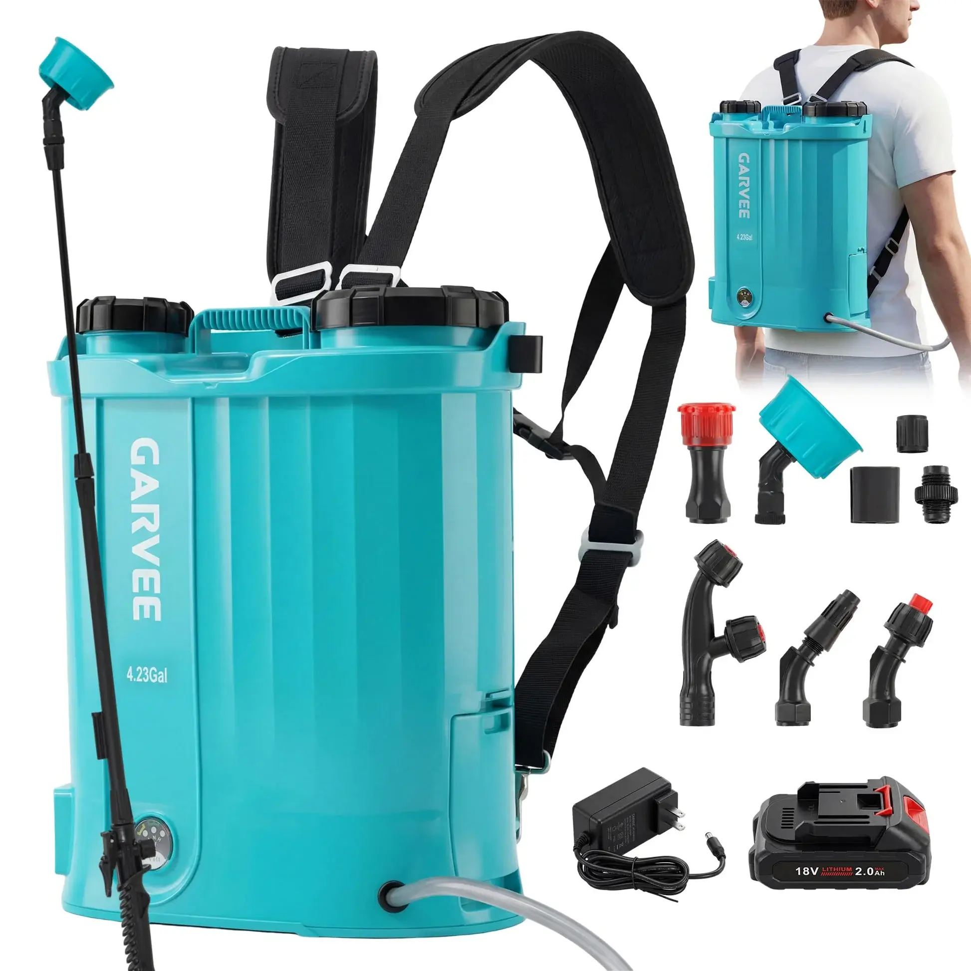 Garvee 1.32-4.23 Gallon Backpack Sprayer Battery Powered Garden Sprayer,Electric Sprayer with 12V/18V Rechargeable Battery, 0-65 PSI Adjustable Pressure, Handheld or Backpack Water Sprayer for Weeding, Lawn & Yard