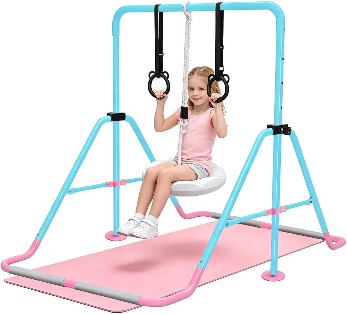 Kids Gymnastics Bar with Swing Set & Rings - A-Frame, Adjustable Height Range 35"-51", 6-Point Base, 140lbs Capacity, Foldable, Door-Free Setup, Balance Training Equipment for Indoor Play, Kids' Gift