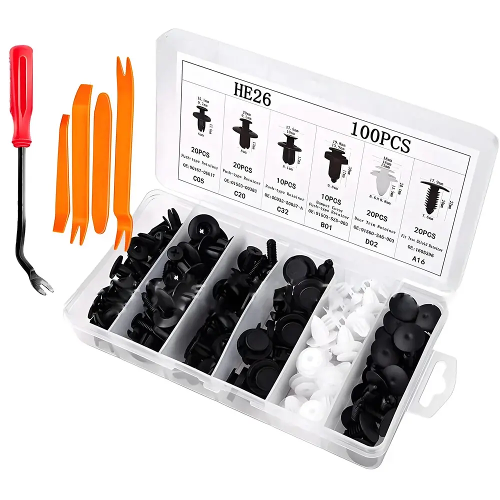 100PCS Plastic Multi-Size Universal Expansion Screw Clips Car Fixings Set (C05-C20-C32-B01-D02-A16) for Car Mudguards, Door Panels Automotive Parts