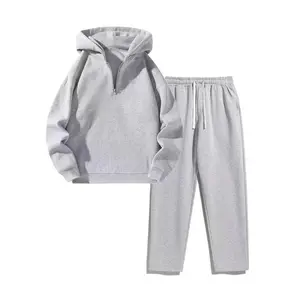 Men's Plain Two-piece Sweatsuit Set, Basic Regular Fit Casual Drop Shoulder Half Zip Hoodie & Pocket Drawstring Sweatpants, Men's Clothing