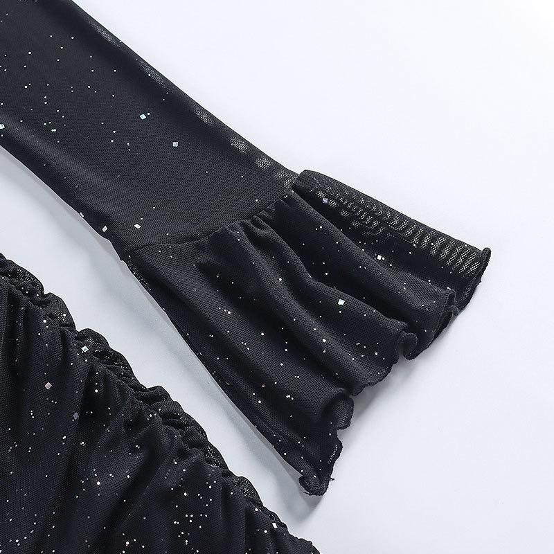 Holiday Haul Women's Glitter Contrast Mesh Long Sleeve Ruched Mini Bodycon Dress with Square Neck Lettuce Trim for Party Dinner Elegant Casual Dress black  wednesday  outfit shine  dress Strapless Ruffle Hem Dress plain backless