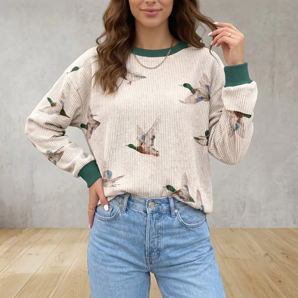 PHEFEE Women's Vintage Beige Corduroy Crewneck Cute Animal Mallard Duck Graphic Sweatshirt - Long Sleeve, Green Colorblock Cuffs, Loose Casual Round Neck Pullover for Daily Wear, Crewneck Sweatshirts