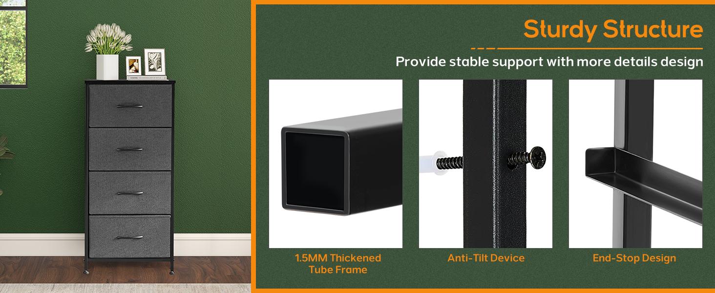 Dresser for Bedroom 4 Storage drawer, Fabric Closet Chests Organizer Tower with Wooden Top Metal Frame for Living Room Hallway Entryway