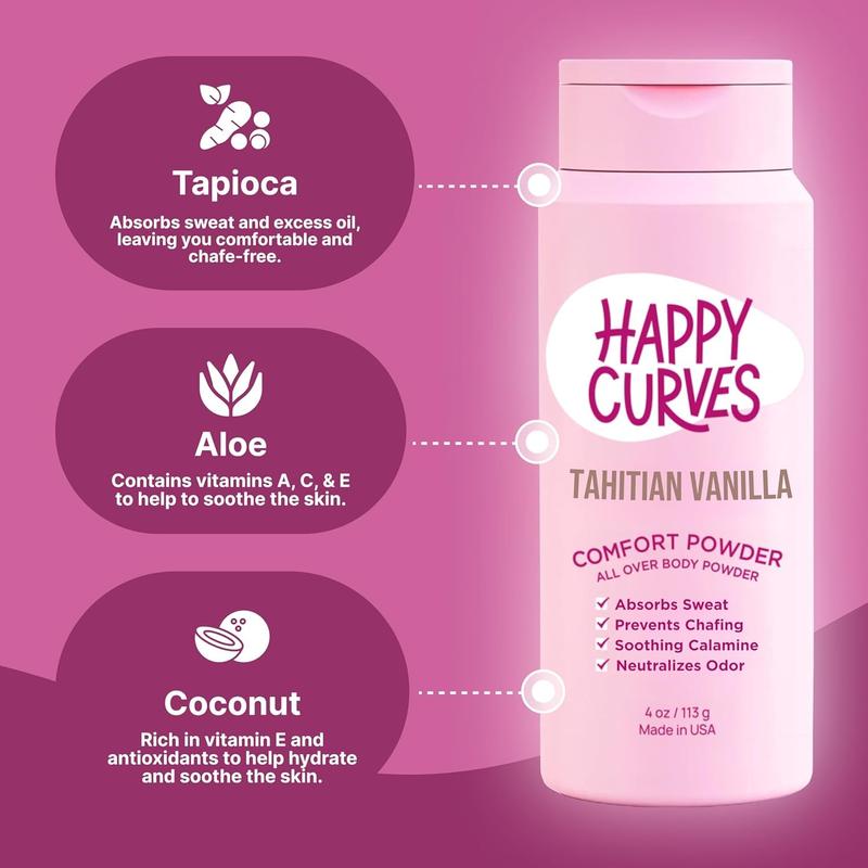 HAPPY CURVES Comfort Powder: Talc Free Anti Chafe Body & Foot Dusting Powder Deodorant for Inner Thigh Chafing, Private Areas, and All Over Body for Women (4 Ounce (Pack of 1), Tahitian Vanilla)