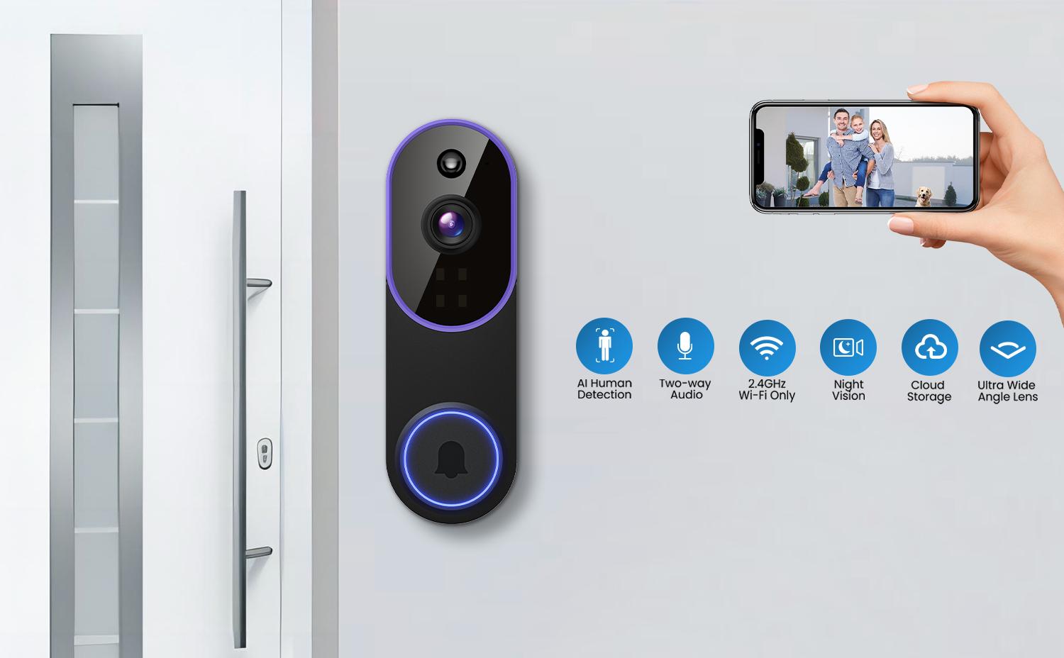 1080P Wireless Video Doorbell Camera, AI Human Detection, Live View, Cloud Storage, Night Vision, Two Way Audio, Instant Alert, 2.4G WiFi Only, Indoor/Outdoor Surveillance Cam for Home Security System(Live View and Cloud Storage require a Subscription)