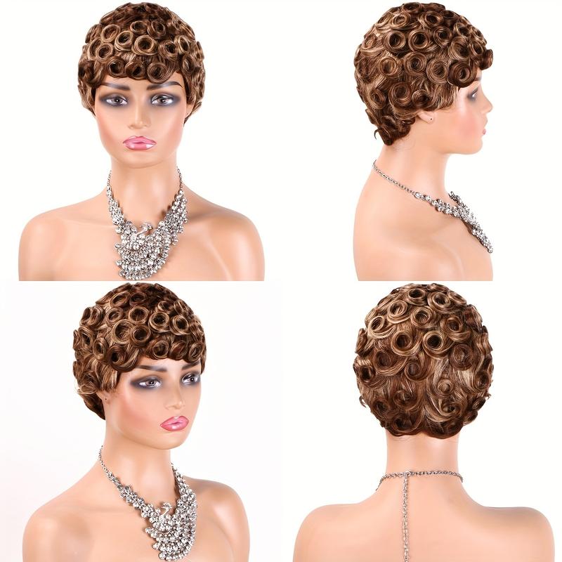 Women's 6" Short Curly Pixie Cut Human Hair Wig with Bangs - 180% Density Natural Brown/Blonde/Red/ - Machine-Made None Lace Front Wig Comfortable & Natural Look for Everyday Parties Formal Events - Easy Maintenance Short Hairstyle