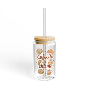 Cafecito y Chisme 16oz Sipper Glass – Bamboo Lid Cold Drink Tumbler