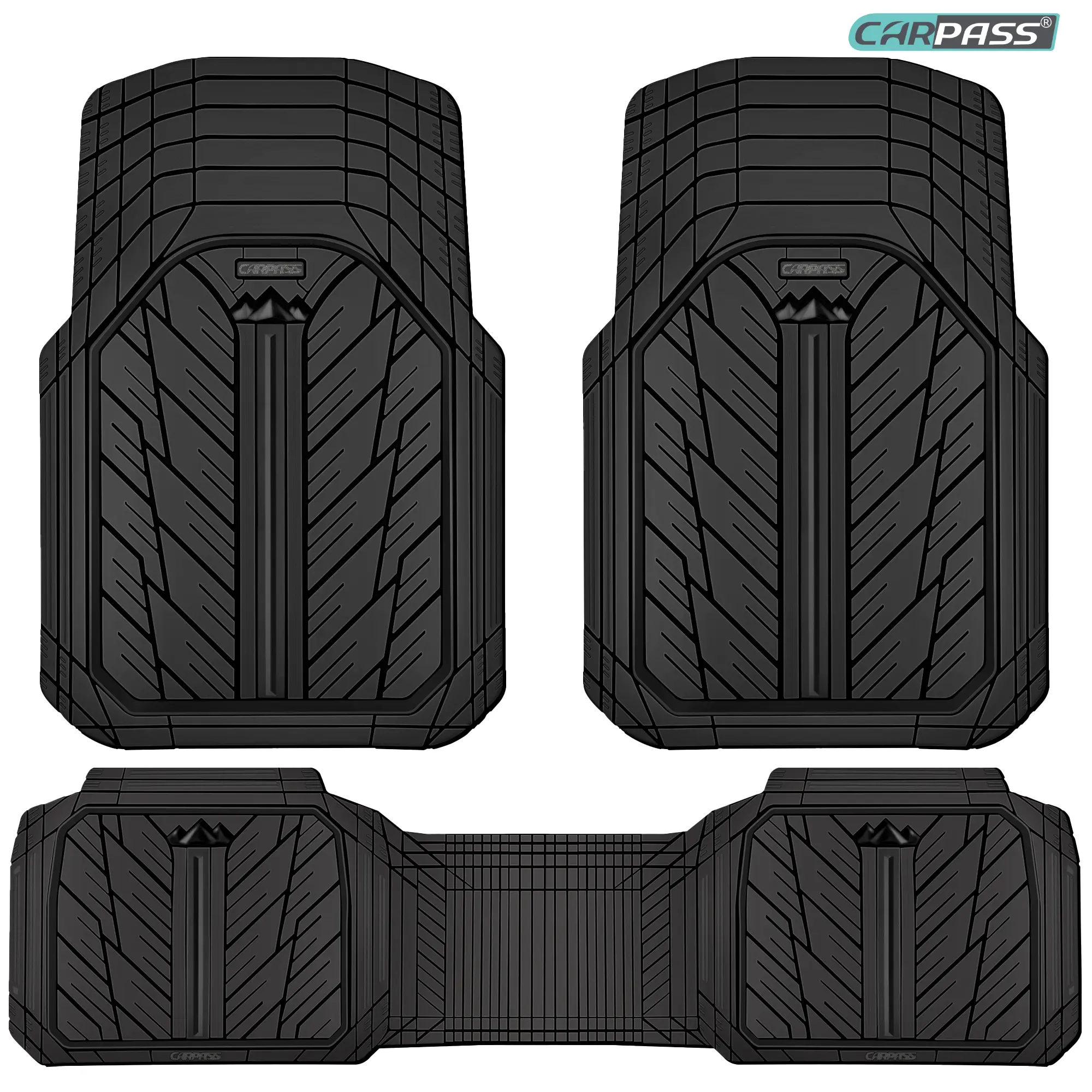 CAR PASS Tire Tread DeepDish Rubber Floor Mats，Heavy Duty car mats， Universal XL~M ，Fit for Truck SUV Vehicle Automotive, Waterproof car mats 3 Piece
