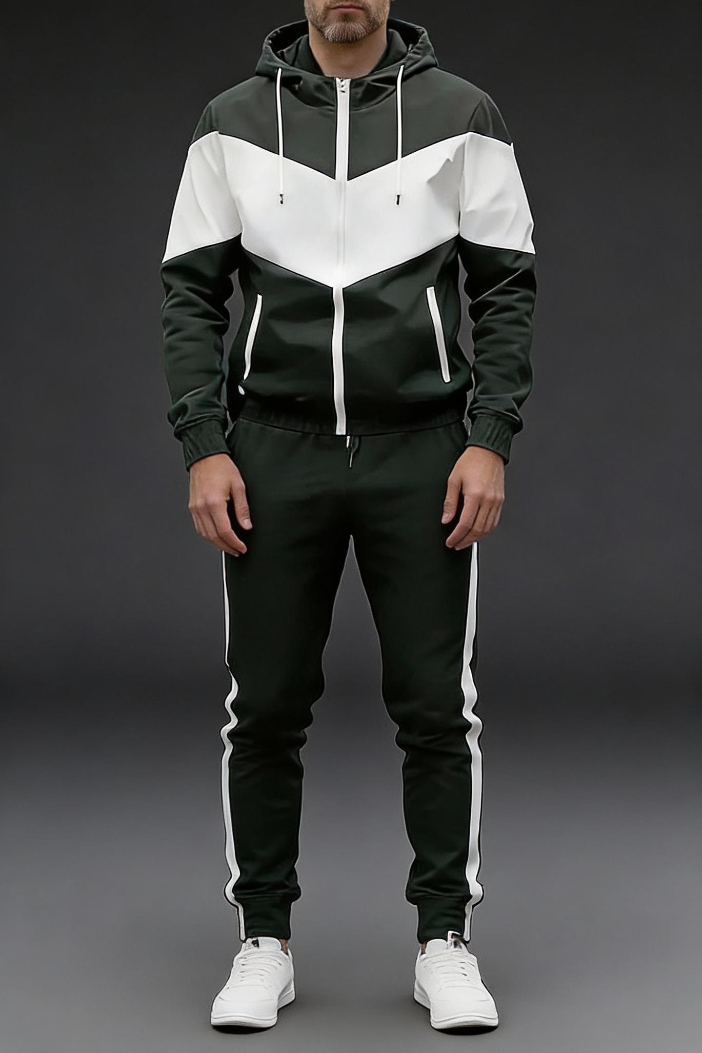 Stylish Contrast Color Block Tracksuit for Men Full Zip Hooded 2-Piece Casual Sportswear for Daily Leisure Activities Blue & White